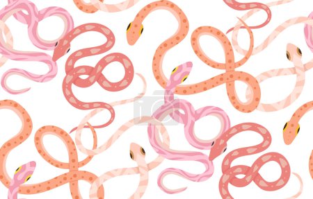 Illustration for Gentle seamless vector pattern with pink and yellow snakes. Texture with cartoon serpents in pastel colors on white background. Surface design with pythons for fabrics, wrapping paper - Royalty Free Image