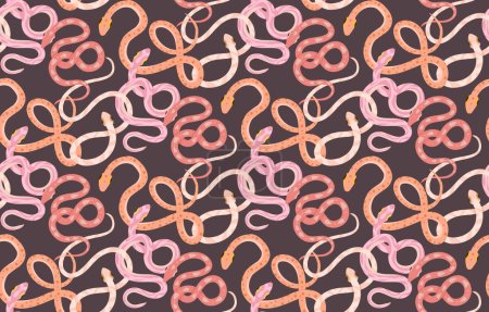 Illustration for Gentle seamless pattern with pink and yellow snakes. Vector texture with cartoon serpents in pastel colors on gray background. Surface design with pythons for fabrics, wrapping paper - Royalty Free Image