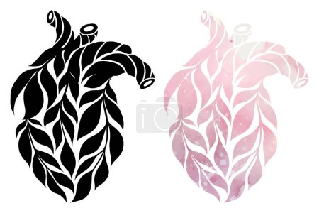 Illustration for Vector clipart collection of a healthy black and pink watercolor human hearts made of leaves isolated from background. Set of internal organs for transplant for sticker, icon. Eco friendly lifestyle - Royalty Free Image