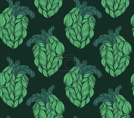Illustration for Vector seamless pattern with healthy human hearts made of leaves on dark green background. Texture on healthy organ transplantation theme. Background for fabric and wallpaper - Royalty Free Image