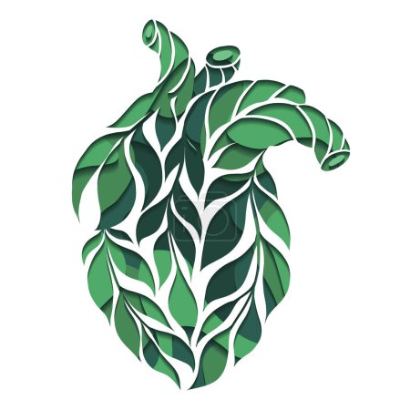 Illustration for Vector card with paper cut of a realistic human heart made of leaves on white background. Layered illustration healthy eco friendly lifestyle theme. Internal organ transplantation. - Royalty Free Image