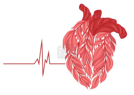 Illustration for Vector horizontal card with pink healthy human heart made of leaves with cardiogram. Safe heart transplant. Eco friendly lifestyle with pulse. Love for the environment. - Royalty Free Image