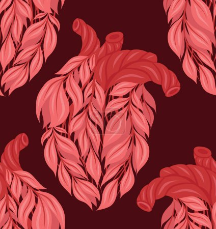 Illustration for Vector seamless pattern with pink human hearts made of leaves on dark background. Healthy organ transplant. Eco friendly lifestyle texture for fabric and wallpaper - Royalty Free Image
