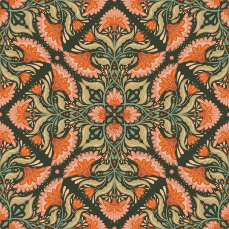 Illustration for Vector decorative seamless pattern with kaleidoscope flower arrangement in pastel colors. Folk art texture with orange flowers and stems with foliage on dark background for wrapping paper. - Royalty Free Image