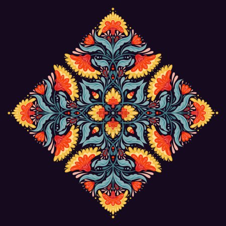 Illustration for Vector contrast decorative illustration of floral rhombus composition. Folk art card with symmetrical kaleidoscope red flowers, stems and foliage on a dark blue background. - Royalty Free Image