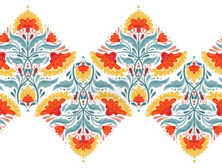 Ilustración de Borde horizontal sin costuras decorativo vectorial con arreglo floral en colores contrastantes. Friso de arte popular con flores rojas simétricas y tallos con follaje aislado del fondo - Imagen libre de derechos
