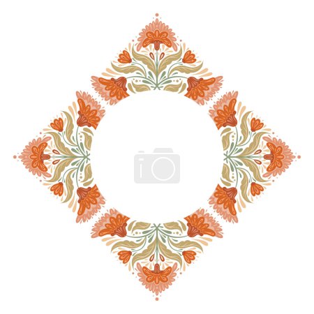 Illustration for Vector frame with decorative flower arrangement and copy space. Folk art card with symmetrical orange flowers, stems, foliage and place for text isolated from background. Floral border for invitation - Royalty Free Image