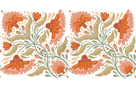 Illustration for Vector decorative seamless horizontal border with flower arrangement in pastel colors. Folk art frieze with symmetrical orange flowers and stems with foliage isolated from background - Royalty Free Image