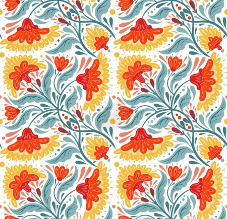 Illustration for Vector contrast folk art texture with tracery floral ornaments on white background. Decorative seamless pattern with red flowers and blue foliage for wrapping paper, wallpaper. - Royalty Free Image