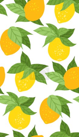 Illustration for Vector seamless texture with yellow lemons with foliage on white background. Flat hand drawn texture with sour fruits. Summer background for fabrics, wrapping paper and wallpaper - Royalty Free Image