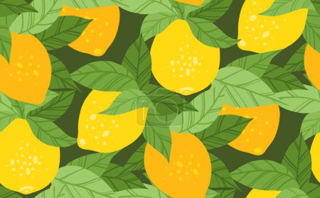 Illustration for Vector seamless texture with yellow lemons with foliage on dark green background. Texture with sour fruits and leaves. Summer background with citrus for fabrics, wrapping paper and wallpaper - Royalty Free Image