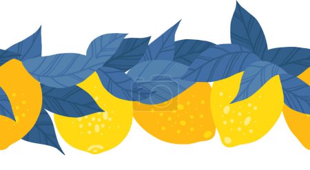 Illustration for Vector seamless horizontal border with lemons and blue foliages. Summer frieze with citruses and leaves isolated from the background. Flat hand drawn texture with juicy fruit. - Royalty Free Image