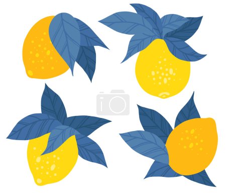 Téléchargez les illustrations : Ensemble vectoriel de citrons jaunes plats dessinés à la main avec un feuillage bleu isolé de l'arrière-plan. Collection d'agrumes contrastés avec cliparts de feuilles pour autocollants, icônes et sublimation. - en licence libre de droit