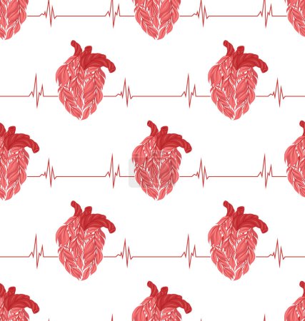 Illustration for Vector seamless pattern with pink healthy human hearts made of leaves with cardiogram on white background. Safe heart transplant. Texture on eco friendly lifestyle with pulse theme. - Royalty Free Image
