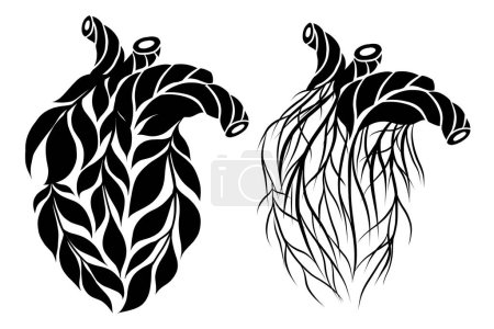 Illustration for Vector set of black cliparts of healthy and unhealthy human hearts made of leaves and twigs isolated from background. Collection of old and young organ transplant silhouette - Royalty Free Image