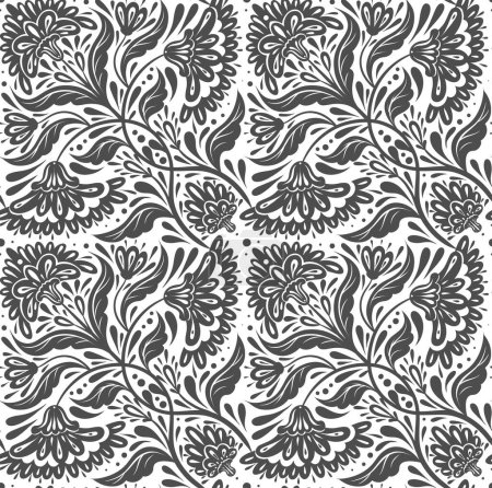 Illustration for Vector lace pattern with tracery gray floral ornaments in tile on white background. Decorative monochrome seamless texture with flowers and foliage for wrapping paper, textile. - Royalty Free Image