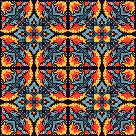 Illustration for Vector decorative seamless pattern with flower arrangement. Folk art tracery texture with red flowers and blue stems with foliage on dark blue background for handkerchief, wrap and shawl - Royalty Free Image