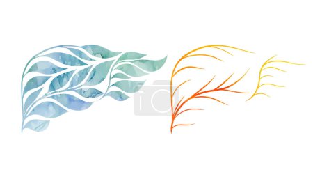 Illustration for Vector set of watercolor silhouettes of human healthy livers from leaves and twig isolated from background. Green healthy and orange unhealthy internal organs. Clipart of transplantation organs - Royalty Free Image