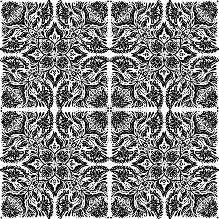 Illustration for Vector monochrome decorative seamless pattern with floral composition in tile. Black silhouette of folk art tracery texture with flowers and stems with foliage for handkerchief, wrap and shawl - Royalty Free Image