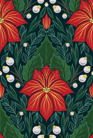 Illustration for Vector decorative holiday pattern with poinsettia flowers. Seamless tracery texture with Christmas flower starts with foliage, berries and branches for wallpaper, wrapping paper and textile - Royalty Free Image