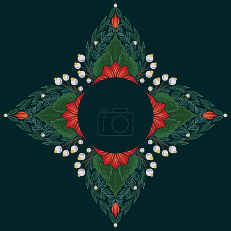 Illustration for Vector decorative festive circle frame with poinsettia flowers and copy space. Colorful tracery template with Christmas flowers with foliage, berries and branches on dark green background - Royalty Free Image