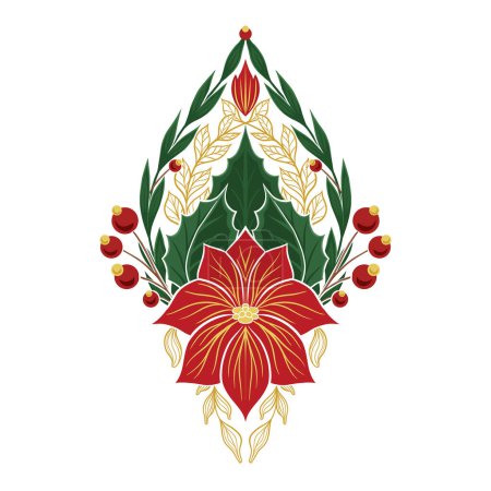 Illustration for Vector decorative holiday card with poinsettia flower isolated from background. Xmas illustration. Clipart Christmas flower with foliage, berries and branches for invitation, banner and sticker. - Royalty Free Image