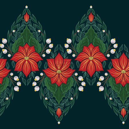 Illustration for Vector decorative holiday border with poinsettia flowers. on dark green background Seamless tracery frieze with Christmas flower stars with foliage, berries and branches for frame and brush swatches - Royalty Free Image