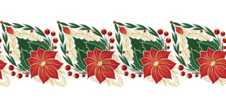 Illustration for Vector decorative holiday border with poinsettia flowers isolated from background. Xmas seamless tracery frieze with floral ornament and foliage, berries and branches for frame and brush swatches - Royalty Free Image