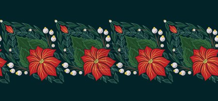 Illustration for Decorative holiday border with poinsettia flowers on dark green background. Vector xmas seamless tracery frieze with floral ornament with foliage, berries and branches for frame and brush swatches - Royalty Free Image