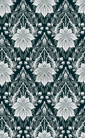 Illustration for Vector white decorative pattern with poinsettia flowers on green background. Seamless tracery lace texture with Christmas flowers with foliage and branches for wallpaper, wrapping paper, textile - Royalty Free Image