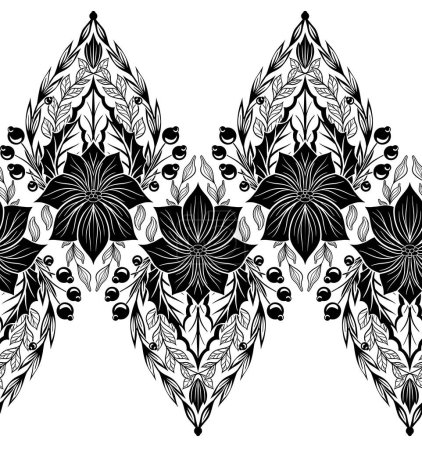 Illustration for Vector decorative holiday border with poinsettia flowers. Seamless monochrome lace frieze with Christmas flowers with foliage, berries and branches isolated from background for frame and brush swatch - Royalty Free Image