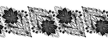 Illustration for Vector monochrome decorative holiday border with poinsettia flowers. Seamless tracery frieze with black Christmas flower starts, foliage, berries and branches isolated from background - Royalty Free Image