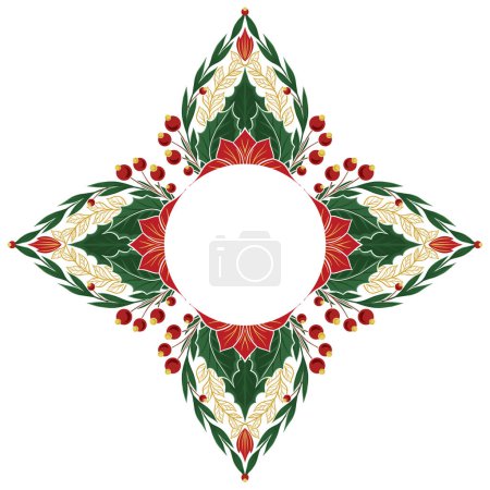 Illustration for Vector decorative festive circle frame with poinsettia and copy space. Colorful tracery template with Christmas flowers with foliage, berries and branches isolated from background - Royalty Free Image