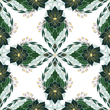 Illustration for Vector decorative pattern with kaleidoscope poinsettia in tile. Seamless festive tracery texture with black Christmas flowers with foliage, berries for holiday wallpaper, wrapping paper, textile - Royalty Free Image