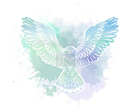 Vektorillustration eines stilisierten Vogels mit blauen Aquarellspritzern auf weißem Hintergrund. Bemalung der Silhouette der Eule mit Farbstoffsprays. Cliparts für Aufkleber, Sublimation und Ihr Design
