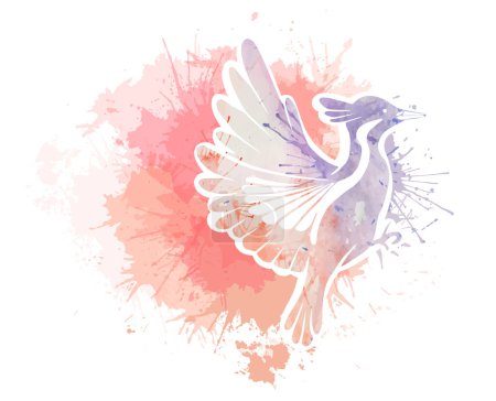 Ilustración de Ilustración vectorial de un ave estilizada con salpicaduras de acuarela sobre un fondo blanco. Pintura de la silueta de un pájaro volador con aerosoles de tinte. Clipart para pegatinas, sublimación y su diseño - Imagen libre de derechos