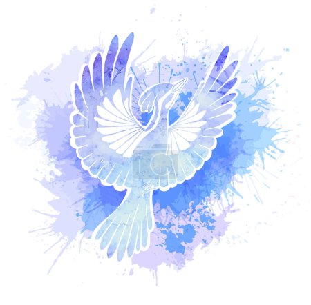 Ilustración de Ilustración vectorial de un ave estilizada con salpicaduras de acuarela sobre un fondo blanco. Pintura de la silueta de un ave voladora. Clipart para pegatinas, sublimación y su diseño - Imagen libre de derechos