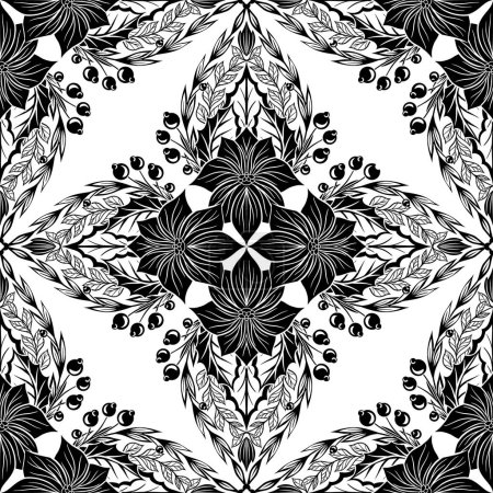 Illustration for Vector monochrome decorative pattern with kaleidoscope poinsettia. Seamless lace festive tracery texture with Christmas flower with foliage, berries for holiday wallpaper, wrapping paper, textile - Royalty Free Image