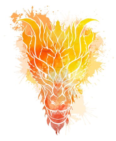 Ilustración de Vector amarillo acuarela ilustración de un dragón silueta con salpicaduras sobre fondo blanco. Fantasía clipart de silueta wyvern con spray de tinte para la sublimación, pegatinas e iconos. - Imagen libre de derechos
