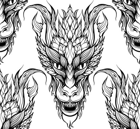 Illustration for Vector seamless pattern with tracery contour roaring dragons on white background. Monochrome fantasy texture with outline wyverns in row for wallpaper, wrapping paper. - Royalty Free Image