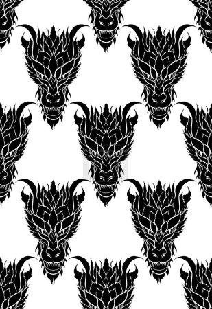 Téléchargez les illustrations : Modèle vectoriel sans couture avec des dragons de silhouette noire sur fond blanc. Texture fantastique avec des têtes de wyvern en rangée pour papier peint, papier d'emballage. - en licence libre de droit