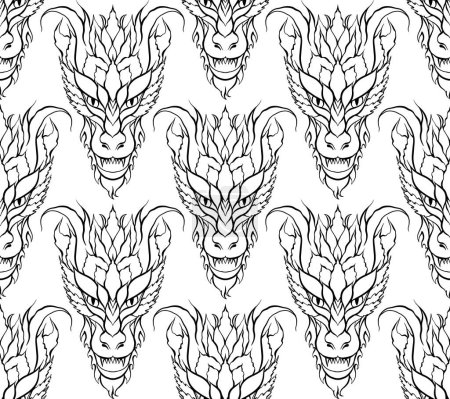 Illustration for Vector seamless pattern with contour roaring dragons on white background. Fantasy texture with outline predator in row for wallpaper, wrapping paper. - Royalty Free Image