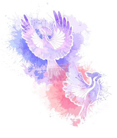 Ilustración de Ilustración vectorial de un par de pájaros estilizados con salpicaduras de acuarela sobre un fondo blanco. Pintura de la silueta de una familia de aves voladoras. Imagen para pegatinas, sublimación y su diseño - Imagen libre de derechos