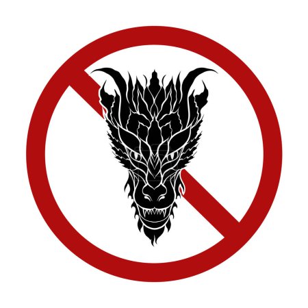 Ilustración de Signo de prohibición vectorial con silueta negra de dragón aislado del fondo. Prohibición de celebraciones. No toques a los lagartos. Firma para banner, pegatina - Imagen libre de derechos