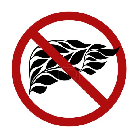 Illustration for Vector forbidden sign with black silhouette human liver made of leaves isolated from background. Ban on transplantation of vegan organs. Danger allergy of internal organ. - Royalty Free Image