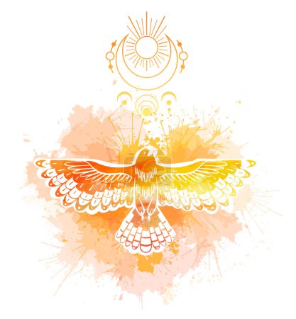 Illustration for Vector mystical illustration of a bird with yellow watercolor splatters and moon symbols on a white background. Silhouette of phoenix with dye sprays. Card for stickers, sublimation and your design - Royalty Free Image