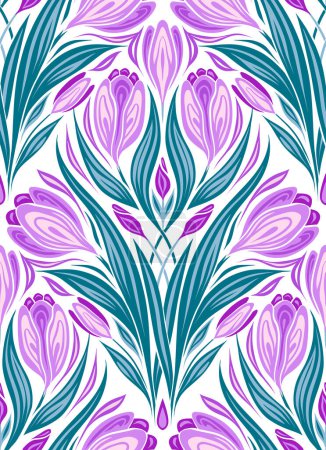 Illustration for Vector seamless pattern with geometric crocuses. Surface design with decorative spring flowers on white background. Texture with floral symmetrical bouquet in tile for wallpaper, wrapping paper - Royalty Free Image