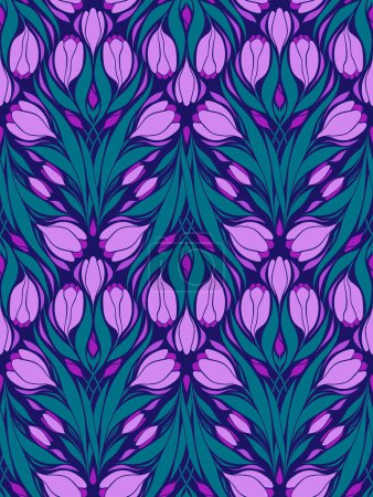 Illustration for Vector seamless pattern with geometric crocuses. Surface design with silhouette of spring flowers on purple background. Art nouveau texture with floral bouquet in tile for wallpaper, wrapping paper - Royalty Free Image