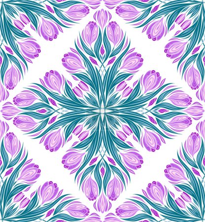 Illustration for Vector seamless kaleidoscope pattern with crocuses. Art Nouveau surface design with decorative spring flowers on white background. Floral texture for wallpaper, wrapping paper - Royalty Free Image