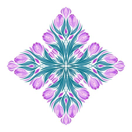 Illustration for Vector clip art of kaleidoscope crocuses and foliages. Decorative art nouveau illustration of spring flowers isolated from background. Floral symmetrical bouquet for postcard, invitation. - Royalty Free Image